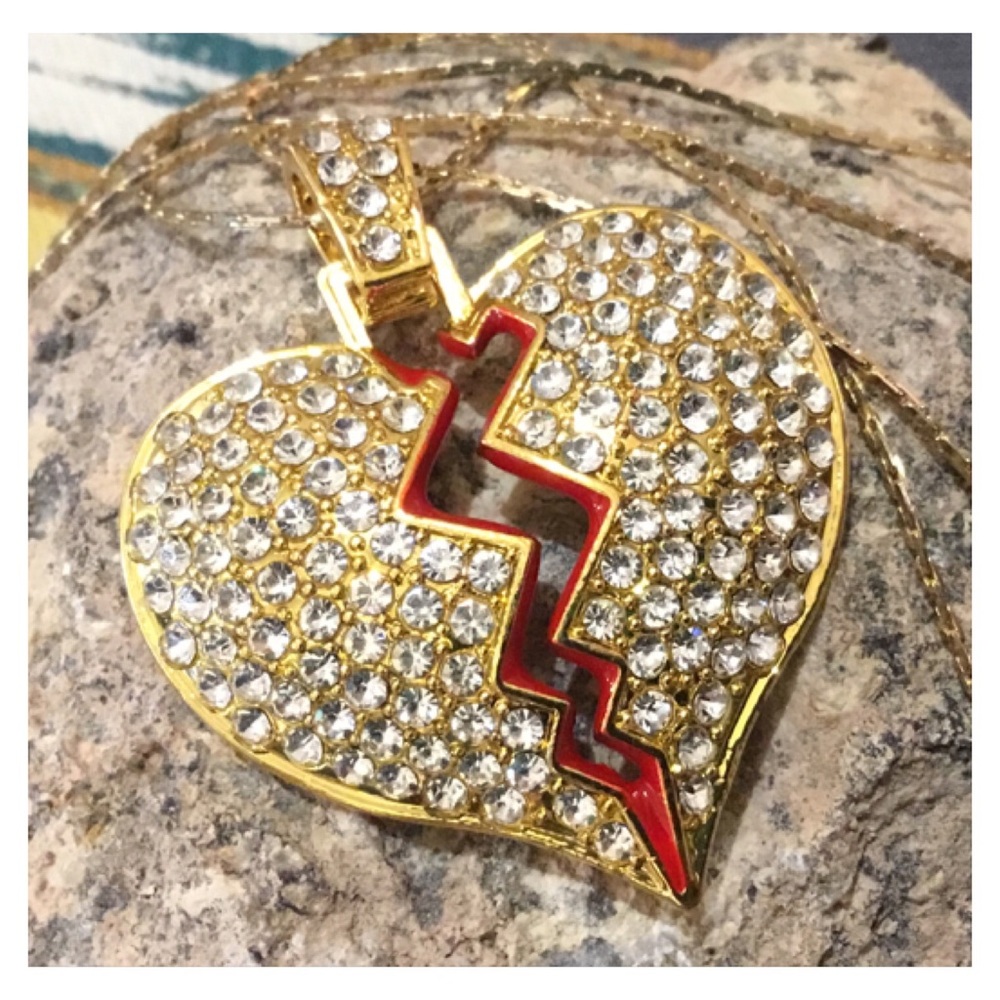 New! Large Golden Rhinestone Heart Pendant Necklace